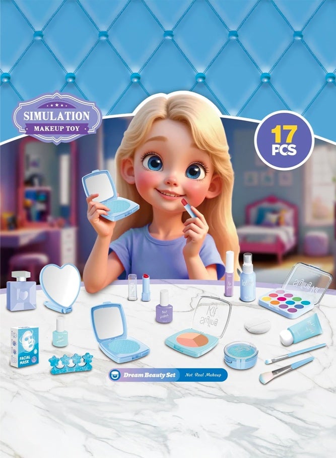 SHABILI 17 Pieces Pretend Makeup Kit Toy for Girls Age 3+, Simulation Cosmetic Play Set with Carrying Case for Imaginative Role Play and Hand Eye Coordination at Home or Party, Safe ABS Plastic Material, Not Real Makeup (Blue) - Image 5